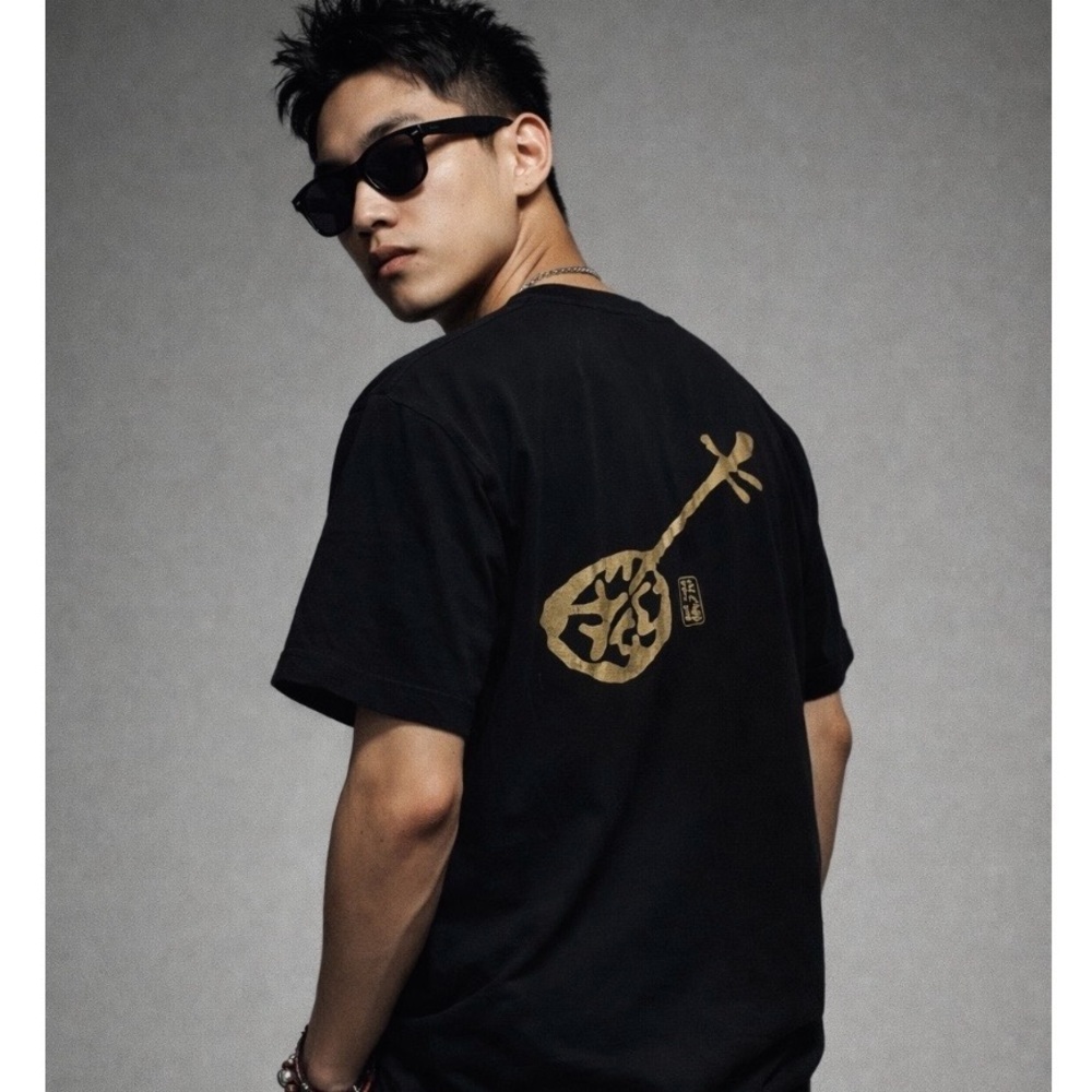 Ryukyu Shamisen Pattern Black Tee Shirt Mens Japanese Size Medium No Size Tag